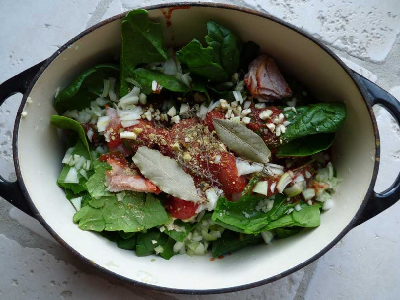 Recette de chantier pâtes épinard bacon en cocotte